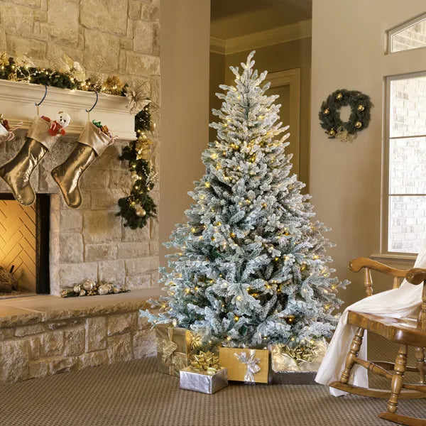 7 FT Pre-lit Snow Flocked Christmas Tree, Artificial Hinged Xmas Pine Tree With 1100 Branch Tips - view 2