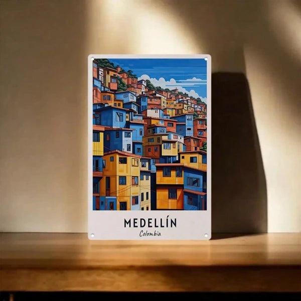1pc Retro Medellin Colombia Travel Metal Tin Sign, Vibrant Hillside Wall Art - view 5