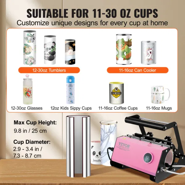 VEVOR Mug Heat Press, 11-30oz Tumbler Heat Press Machine, Sublimation Transfer Straight Skinny Tumblers - view 3