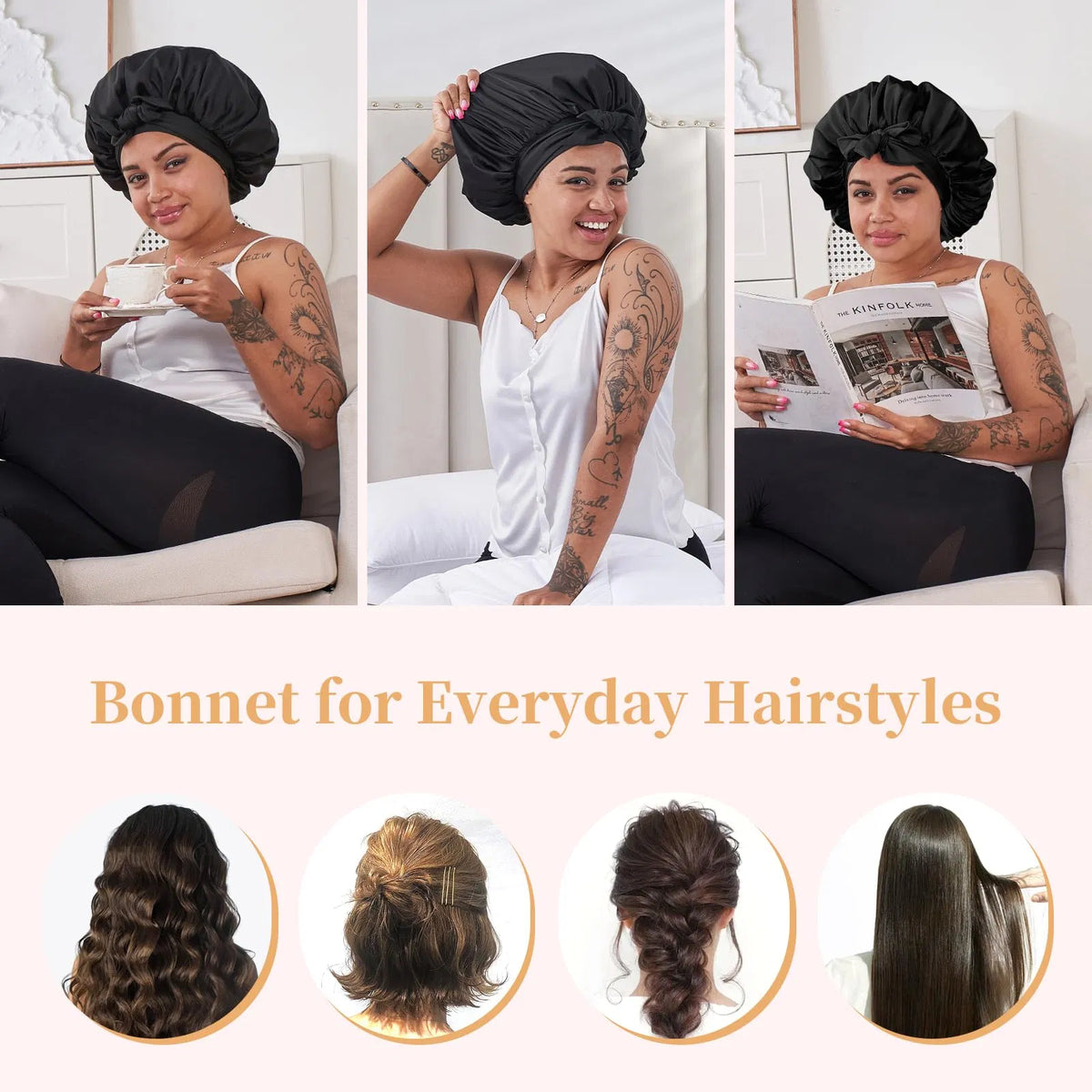 Silk Bonnet For Sleeping Women, Satin Hair Bonnet For Sleeping For Wavy Curly Natural Hair Women Men - Black - view 4