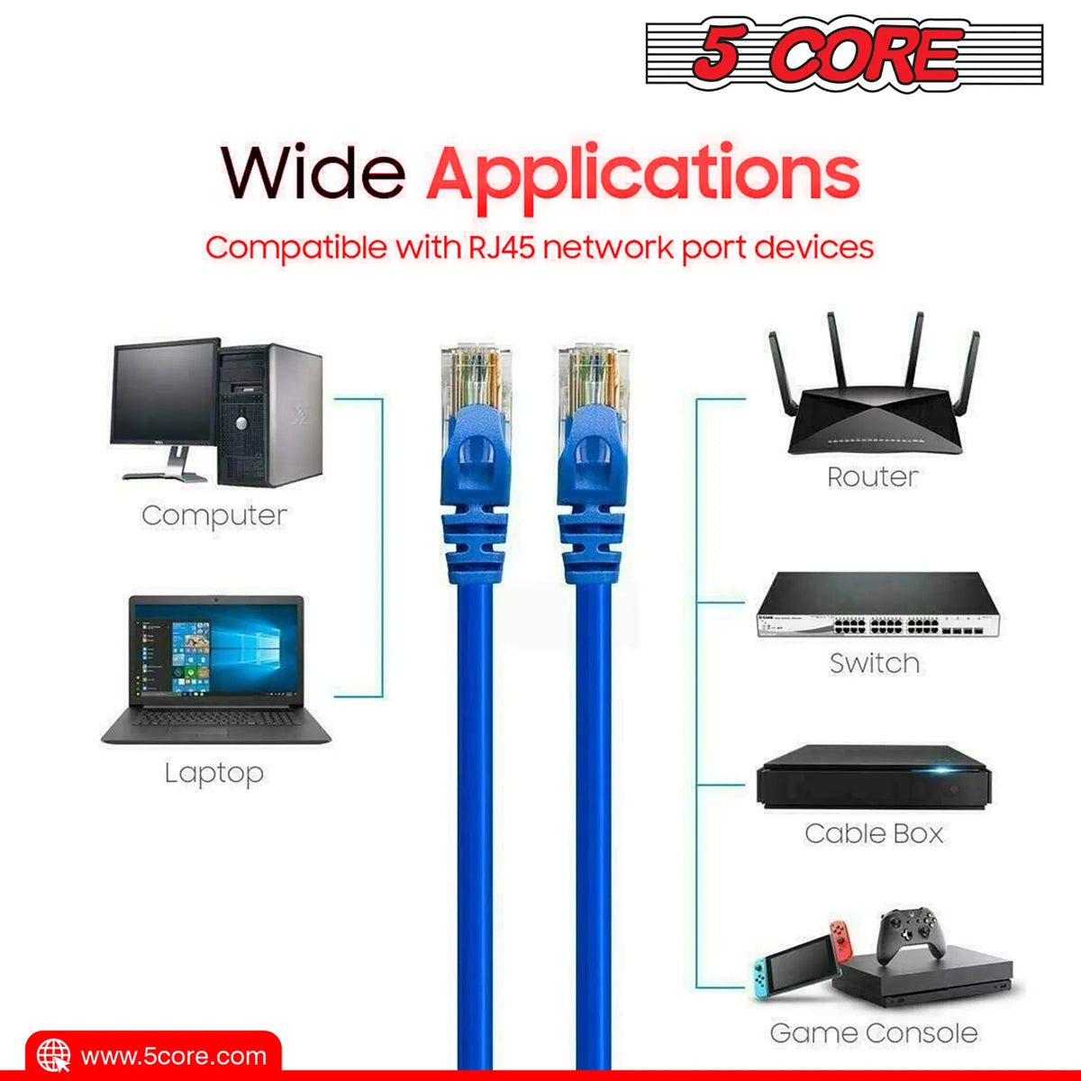 5Core Cat 6 Ethernet Cable 20ft Long Computer Internet Cables WiFi RJ45 Cord - view 5