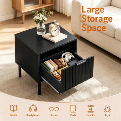 Black Fluted Drawer Nightstand Set of 2, Engineered Wood Metal Side End Table with Adjustable Foot Pads - view 2