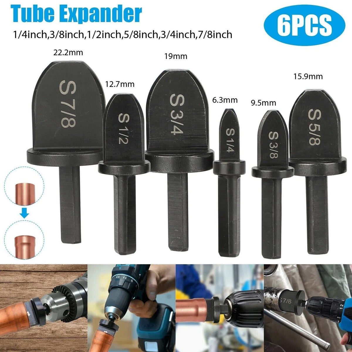 6x Swaging Tool Drill Bit Set Air Conditioner Copper Pipe Flaring Tube Expander - view 2