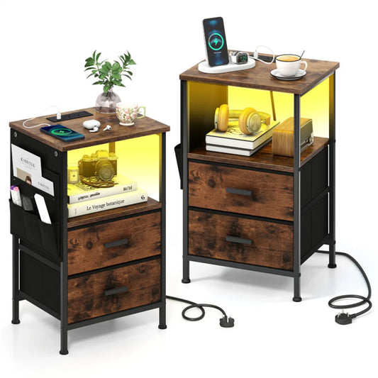 2pcs Nightstand with LED Lights & Charging Station, 2 Folding Fabric Drawers