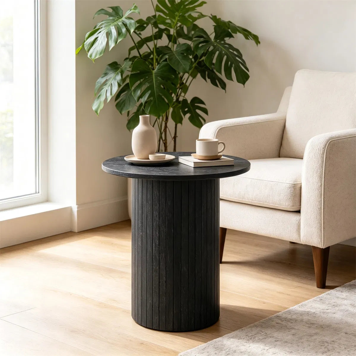Minimalist Round Pedestal Side Table, Space-Saving Stable Nightstand with Rounded Edges & Anti-Slip Pads - view 3