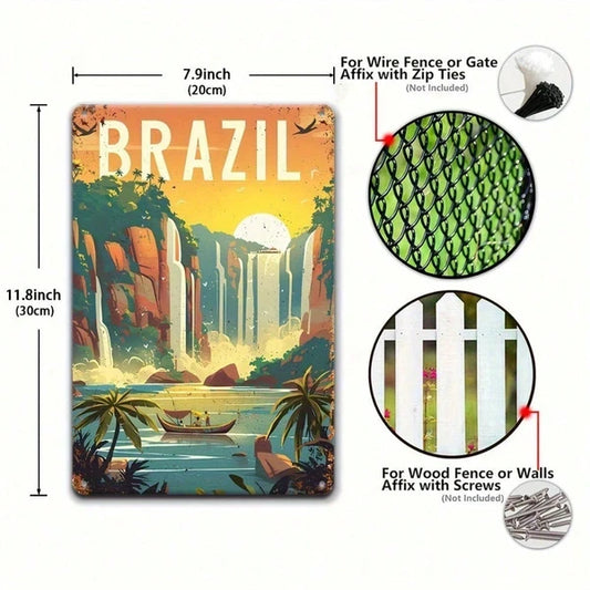 Vintage Iguazu Falls Metal Sign, Retro Brazilian Waterfall Wall Art With Bold BRASIL Text - view 2