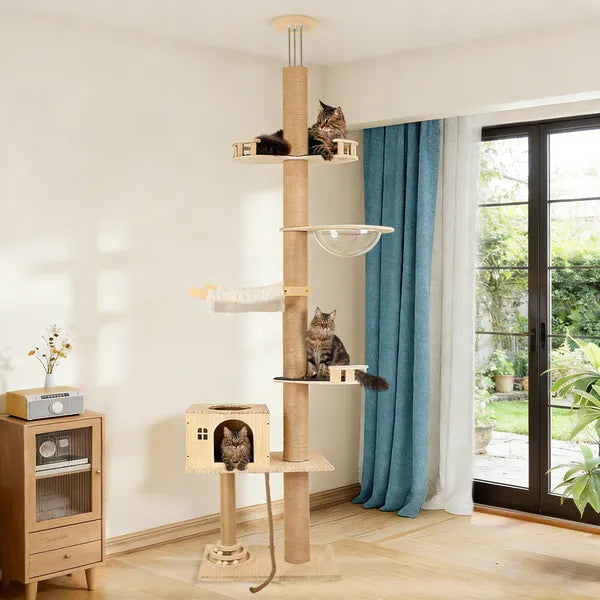 Floor To Ceiling Cat Tree, 6 Level Adjustable Height Climbing Tower With Thickened Scratching Posts