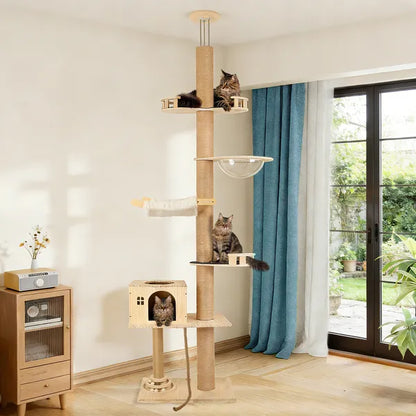 Floor To Ceiling Cat Tree, 6 Level Adjustable Height Climbing Tower With Thickened Scratching Posts