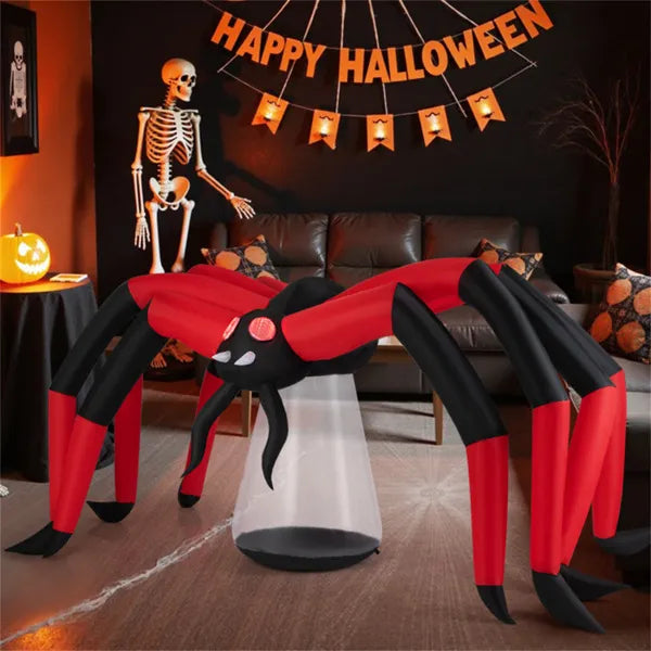 10ft Wide 5ft Tall Giant Halloween Inflatable Spider - LED Head Light 2 Red Eye Tunnel Lights, Black Red Color