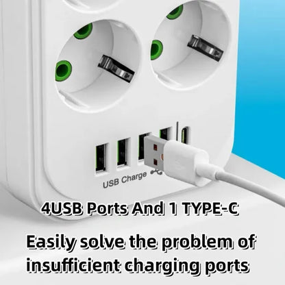 EU 8-Way Power Strip With 4 USB Ports, Type-C, Surge Protector With Switch And 2m Cord - view 5