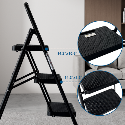 3 Step Ladder, Folding Step Stool With Wide Anti-Slip Pedal, Sturdy Steel Ladder, Lightweight, Portable Steel Step Stool - view 9