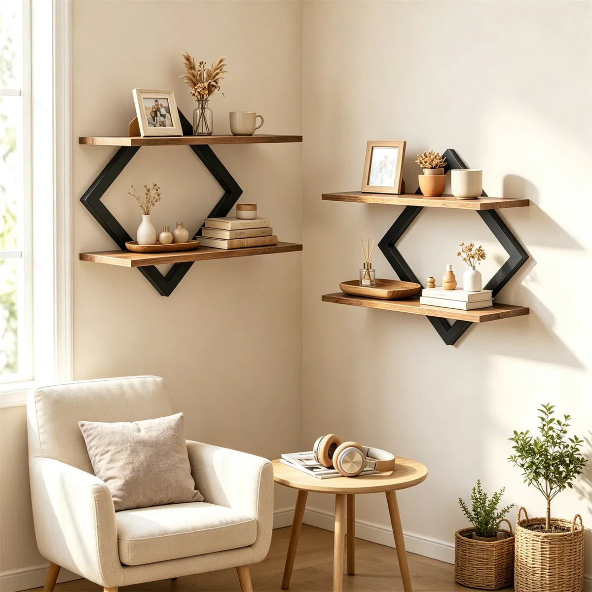 Black Rustic Brown 2Tier Floating Wall Shelves Set of 2, Diamond Metal Frame Wall Mounted Storage Shelves for Living - view 5