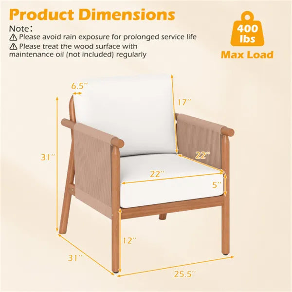 White Boho Patio Acacia Wood Chair With Woven Rope Armrests, Cushioned Outdoor Accent Chair For Porch Balcony - view 3