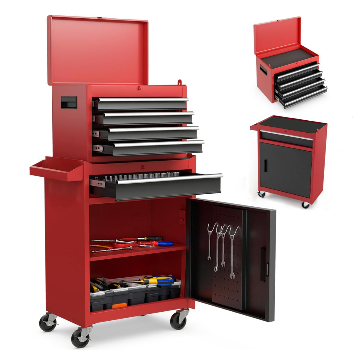 Tool Chest, 5-Drawer Rolling Tool Storage Cabinet With Detachable Top Tool Box, Liner, Universal Lockable Wheels