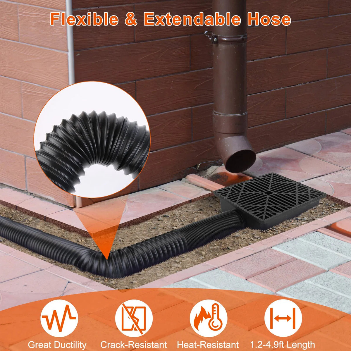 2Pcs 4.9FT Flexible Extendable Hose Gutter Downspout Extension Low Profile No Deep Digging Catch Basin Downspout - view 2