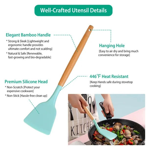 11Pcs Silicone Cooking Utensil Set Heat Resist Wooden Handle Silicone Spatula Ladle Spaghetti Server Tongs Spoon Egg - view 2