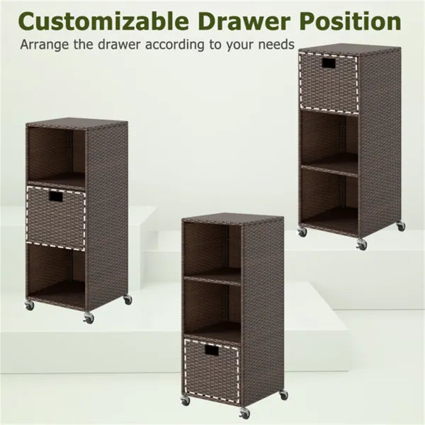 Mix Brown PE Rattan Outdoor Storage Cabinet, 3-Shelf With Removable Drawer & Lockable Wheels - view 2