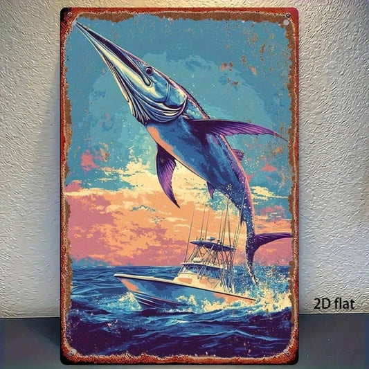 Vintage | Ocean Fishing Metal Sign 2D Flat, 8X12In Big Fish Leaping Pattern Wall Art