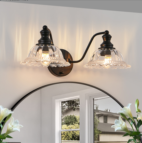 20 Inch 2-Light Vintage Bathroom Wall Sconce - Elegant Black Metal And Glass Lampshade Vanity Light Fixture