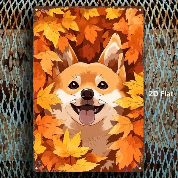 Cute Shiba Inu Metal Sign Autumn Leaves Dog Plaque Sturdy Tin Wall Art Home Decor Kitchen Bedroom Bar Restaurant 2D Flat - view 4