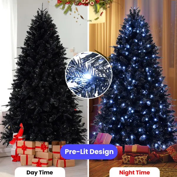 5ft Black Christmas Tree With 250 White LED Lights, 1076 Tips PE+PVC Artificial Tree For Halloween & Holiday Decor - view 4