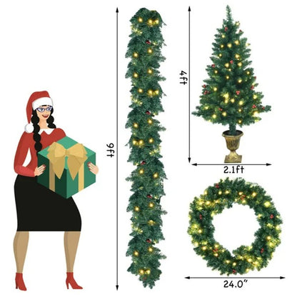 4 Pieces Christmas Decoration Set With Garland Wreath And Entrance Trees - view 3