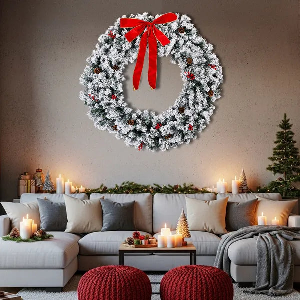 48in Pre-lit Snow Flocked Christmas Wreath, Lighted Artificial Xmas Wreath With 150 Warm White Lights And 450 PVC Tips - view 2