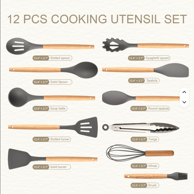 Non-Stick Silicon 12 Pcs Heat Resistant Wooden Handle Kitchen Cooking Utensils Set, Gray Color - view 2