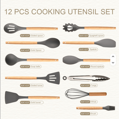 Non-Stick Silicon 12 Pcs Heat Resistant Wooden Handle Kitchen Cooking Utensils Set, Gray Color - view 2