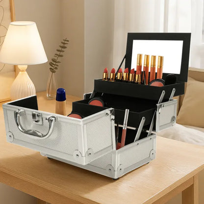 SM-2176 Aluminum Makeup Train Case Jewelry Box Cosmetic Organizer With Mirror 9' x6' x6' Silver