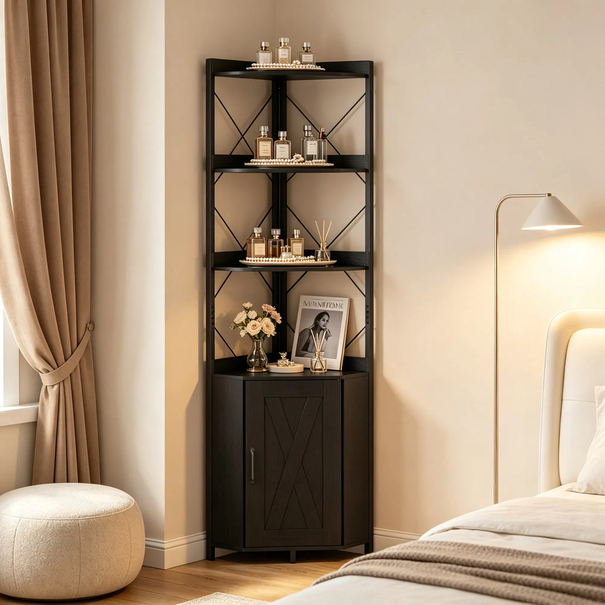Freestanding Corner Display Shelf, Black Engineered Wood & Metal Bookcase with Concealed Cabinet