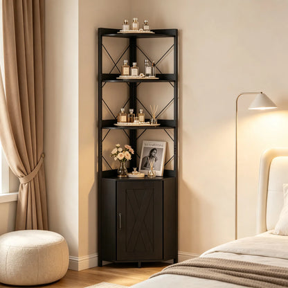 Freestanding Corner Display Shelf, Black Engineered Wood & Metal Bookcase with Concealed Cabinet
