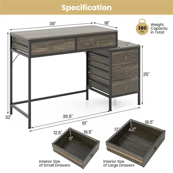 Home Office Dual Desktop Desk With 5 Storage Drawers, Powder-Coated Metal Frame Engineered Wood - view 2