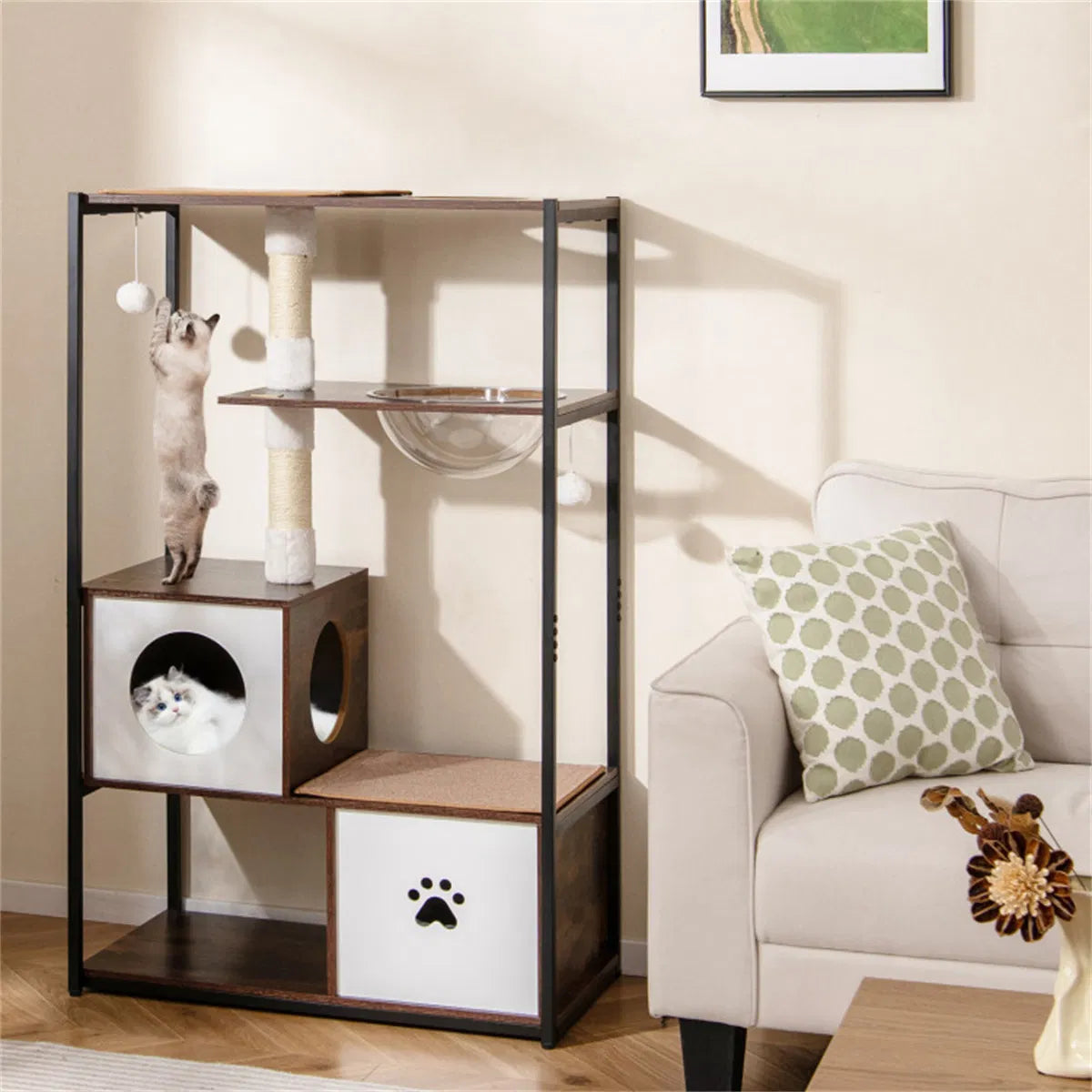 Stylish Wood-Metal Cat Tree - 33 lbs Per Layer Capacity, 2 Private Condos + 2 Relaxation Platforms - view 7