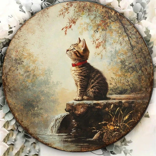 Vintage Tabby Cat Wall Art, Tabby Cat Wall Art, Wall Art, Round Kitten Plaque With Waterfall Stream