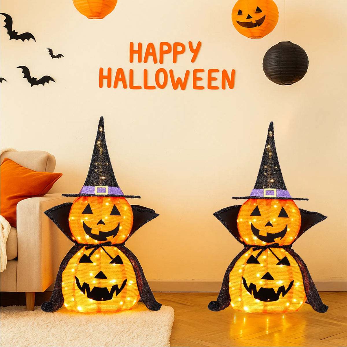 2Packs 3FT Halloween Collapsible Lighted Pumpkin Decoration, 176 LED Pop-Up Pumpkin Lamp with Cape - view 4