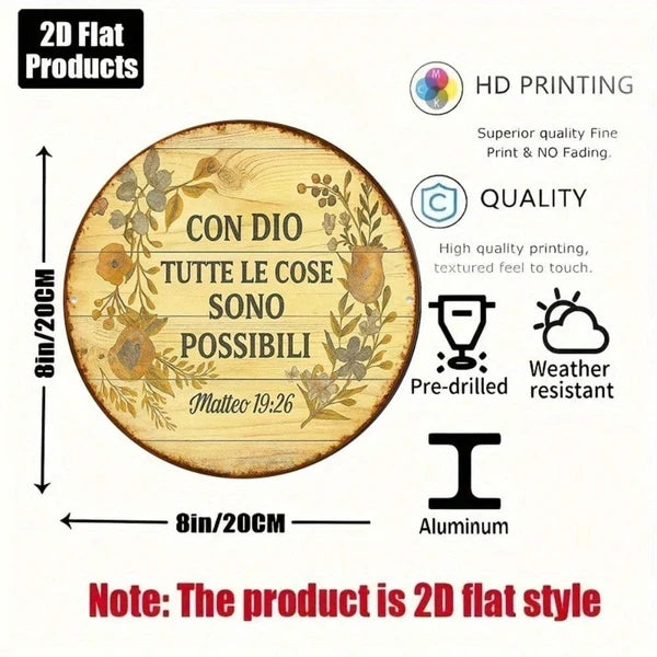 1pc Vintage Italian Phrase "With God Everything Is Possible" Round Aluminum Wall Plaque - view 2