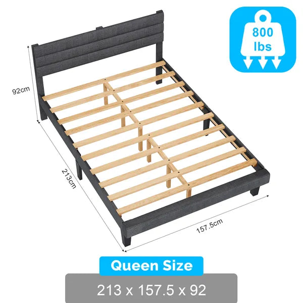 Dark Gray Queen Size Tufted Platform Bed Frame - Linen-Like Upholstery, Horizontal Stripe Headboard - view 3