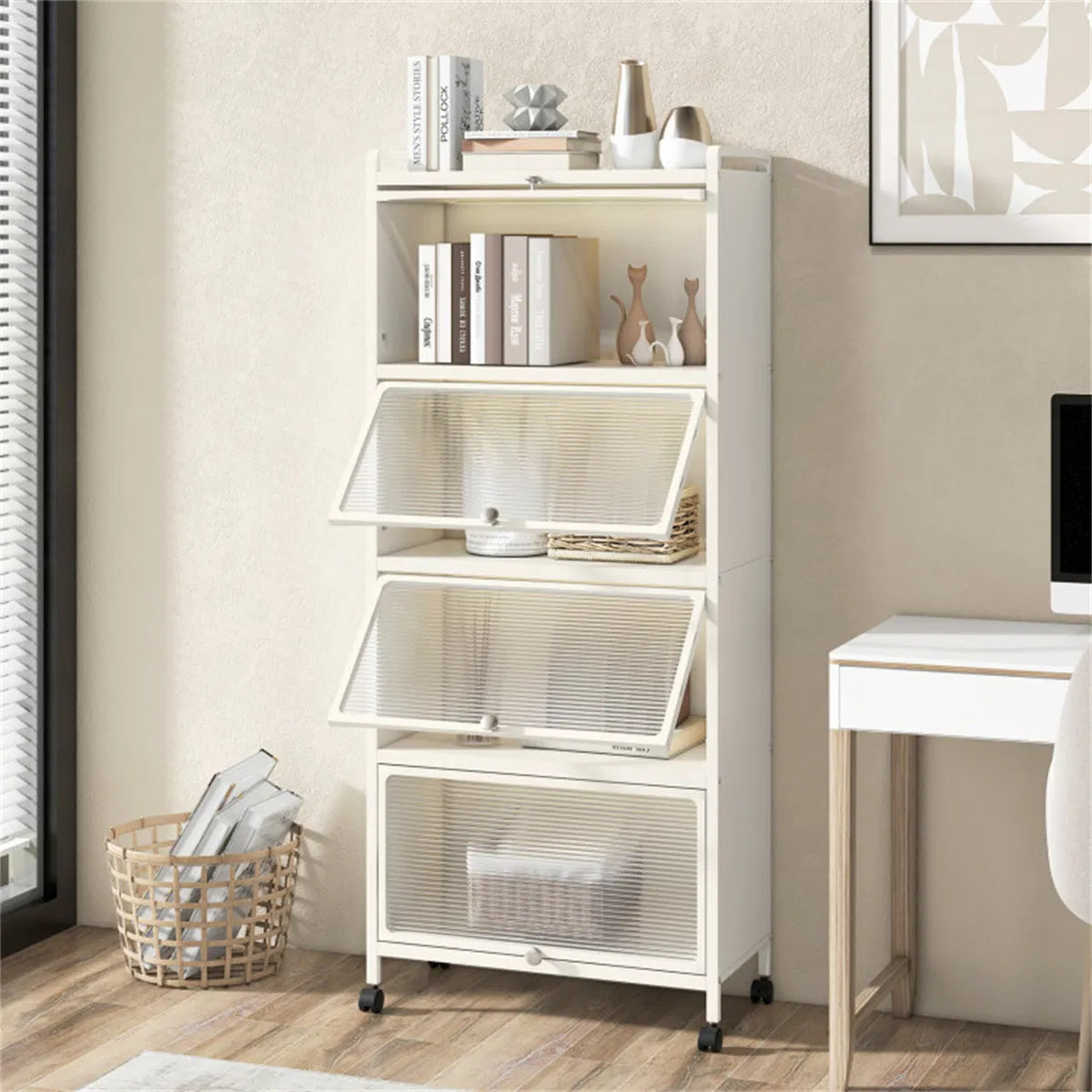 5-Tier Rolling Microwave Stand Flip Dust-Proof Doors 4 Casters with Brakes Kitchen Storage Rack White - view 2