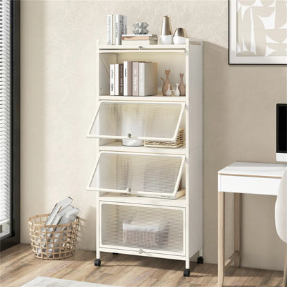 5-Tier Rolling Microwave Stand Flip Dust-Proof Doors 4 Casters with Brakes Kitchen Storage Rack White - view 2