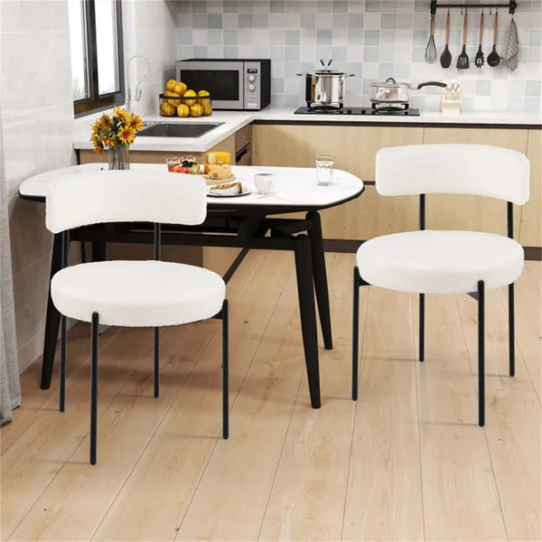 2 PCS White Sherpa Upholstered Dining Chair, Ergonomic Curved Backrest & Wide Round Seat - view 5