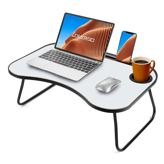 Portable Laptop Desk, Gray And White Matte Metal And Wood Construction, Foldable Design With Cup Holder
