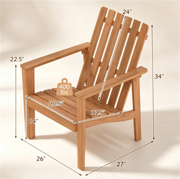 Natural Finish Acacia Wood Adirondack Chair, Ergonomic Backrest & Extra Armrests Heavy Duty Outdoor Lounge Chair - view 2