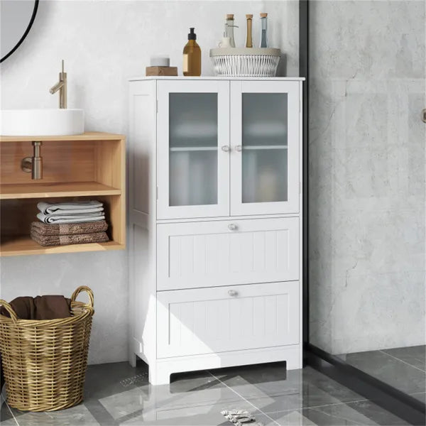 Freestanding Floor Storage Cabinet With Adjustable Shelf & 2 Drawers, Frosted Tempered Glass Door Sideboard - view 4