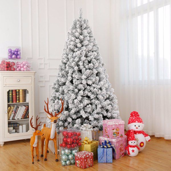 7 FT Pre-lit Snow Flocked Christmas Tree, Artificial Hinged Xmas Pine Tree With 1000 Branch Tips - view 8