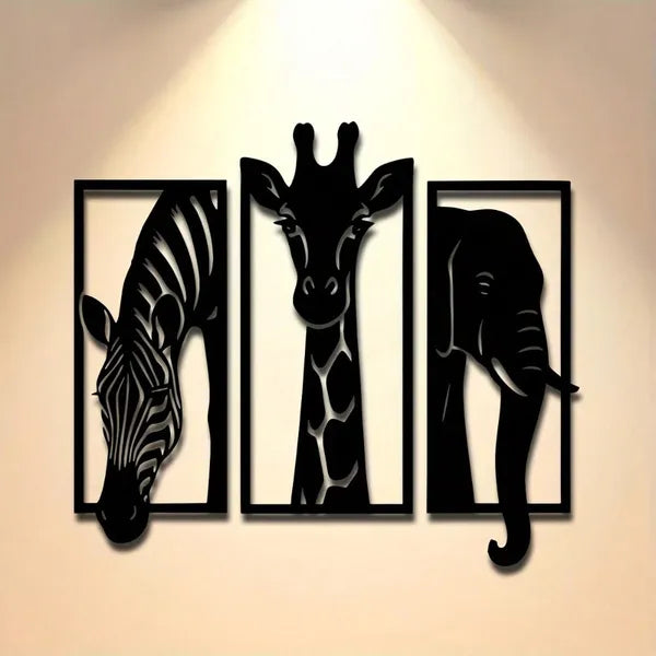 Metal Baked Paint African Animal 3-Piece Wall Art Set Zebra Giraffe Elephant Home Decor - view 5