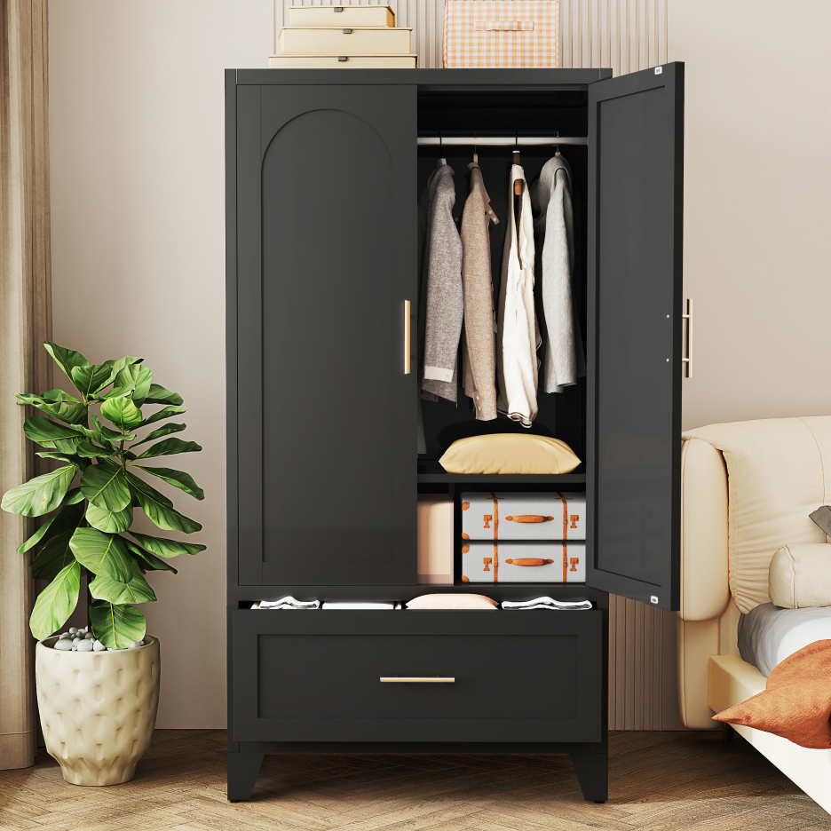 60inch Tall Metal Wardrobe Cabinet With 1 Drawer And Hanging Rod, 2 Doors Wardrobe Closet With Shelf For Bedroom - view 9