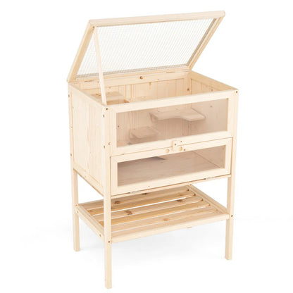 31.5 " Fir Wood Hamster Cage with Flip Mesh Roof, Multi-Level Activity Areas & Bottom Storage Shelf - view 9