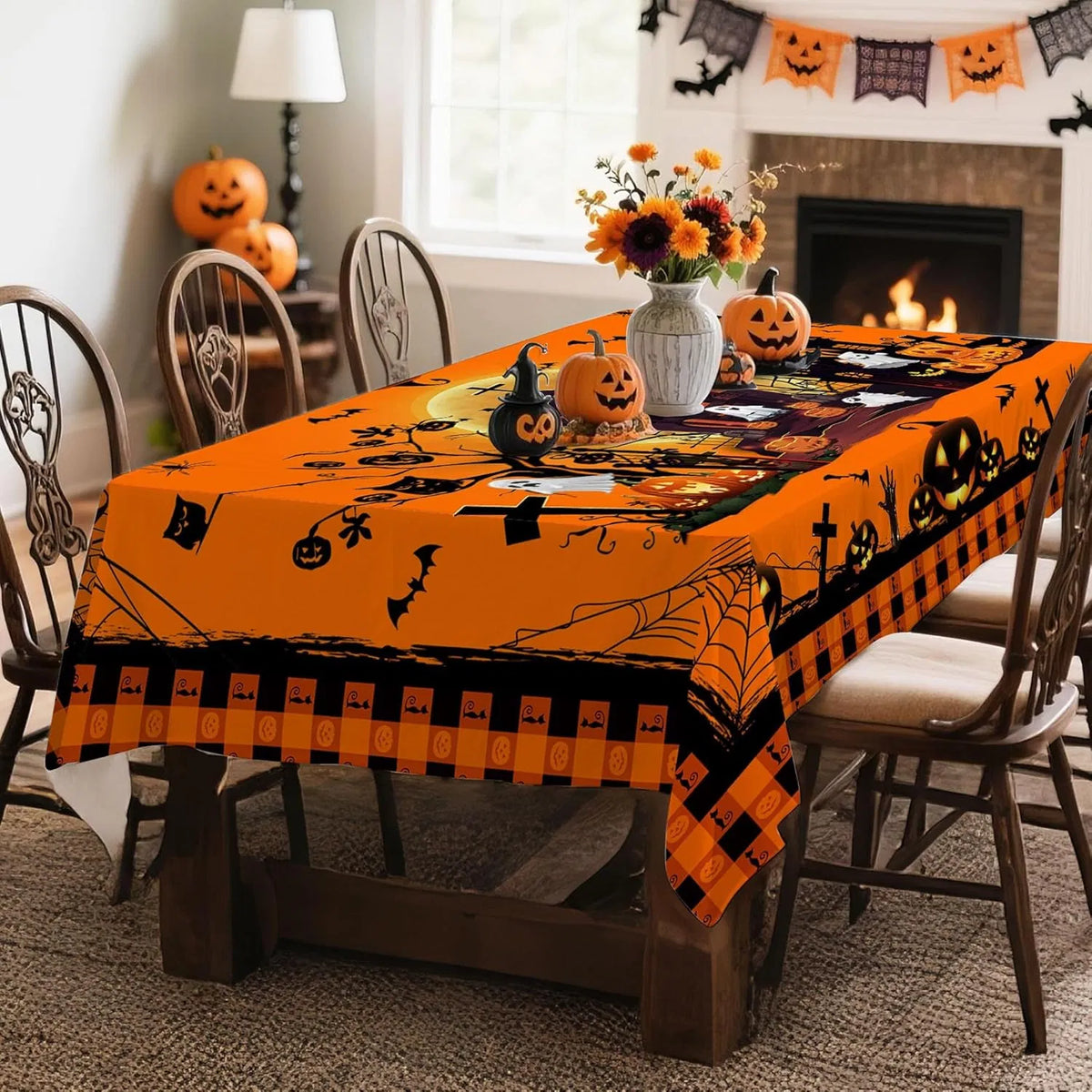 Hexagram Halloween Tablecloth Rectangle Pumpkin Tablecloths 60 x 84 inches Castle Ghost Table Cloth
