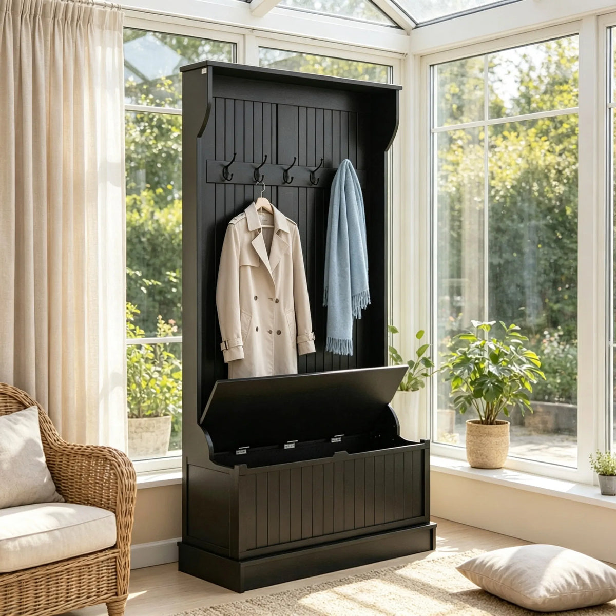Black 3-In-1 Entryway Bench Coat Rack Hall Tree with Shoe Storage 5 Hooks for Hallway - Bench And Storage Furniture - view 7